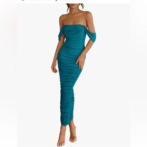 NWT Off the shoulder Strapless Ruched Dress with back slit at bottom
